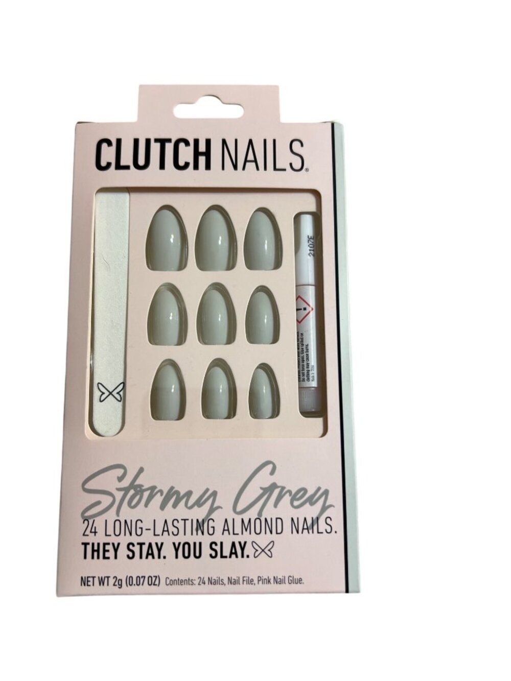 Clutch Nails Stormy Grey Almond Press-On Nails With Nail File & Glue New Sealed